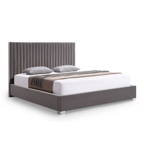 Bed Frame Velvet Fabric Upholstery Stainless Steel Feet in Queen Grey