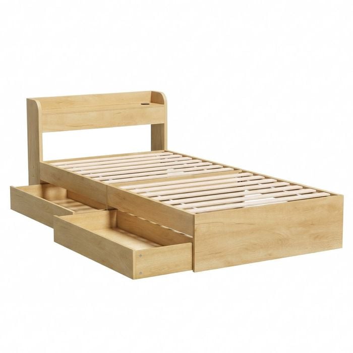 Artiss King Single Bed Frame With 2 Drawer Platform Bed Base With Usb Ports Natural