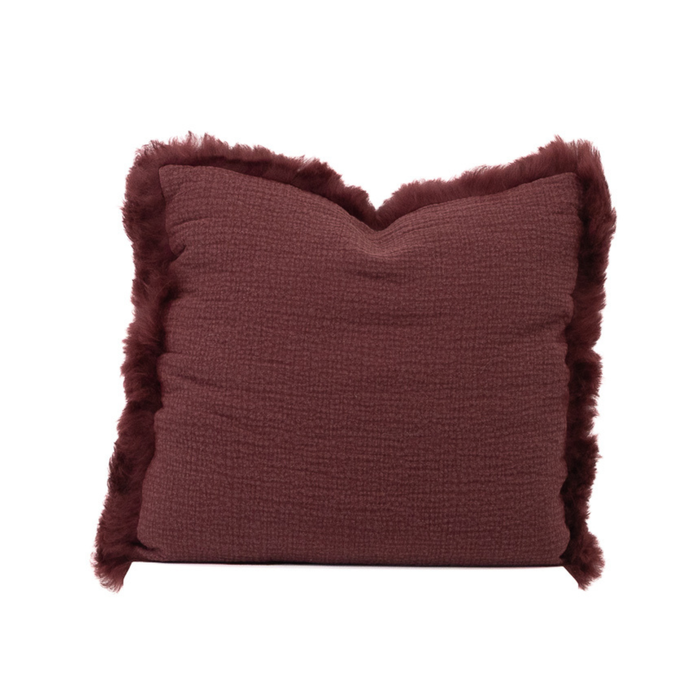 Naturally Sheepskins 45x45cm Burgundy French Linen Cushion With Lambskin Trim (with Insert)
