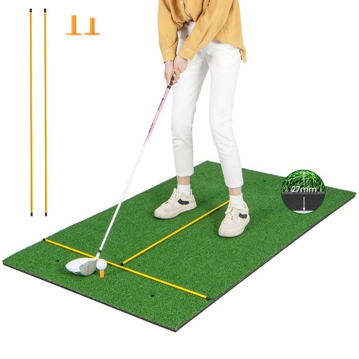 Costway Golf Hitting Mat Artificial Turf Grass Pad w/2 Tees & 2 Alignment Sticks