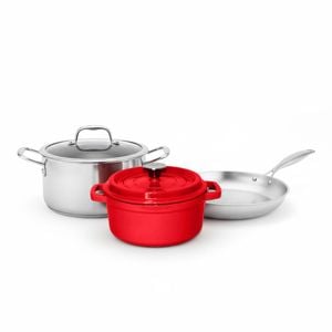SOGA Kitchenware Bundle – Red Enamel Stewpot, Stainless Steel Fry Pan & Soup Stockpot
