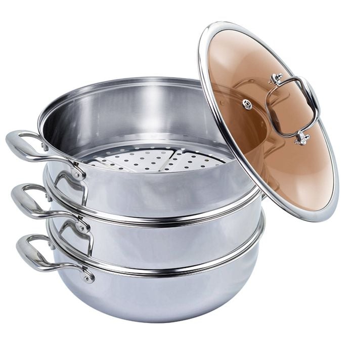 SOGA 30cm Food Steamer 3 Tier Stainless Steel with Glass Lid