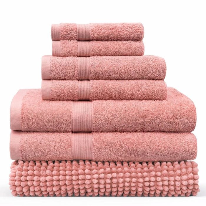 LINENOVA 7 Pieces Cotton Towels Bath Towel Hand Washer Face Cloth Bath Mat Set - Coral