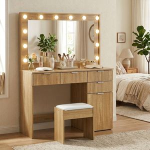 Oikiture Dressing Table Stool Set 12 Led Bulbs Oak 140cm