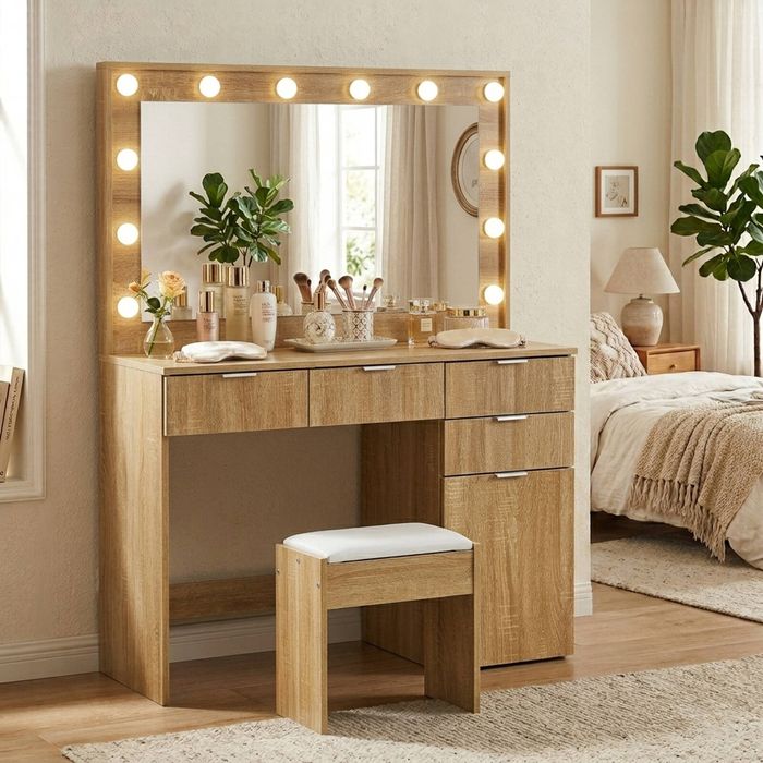 Oikiture Dressing Table Stool Set 12 Led Bulbs Oak 140cm