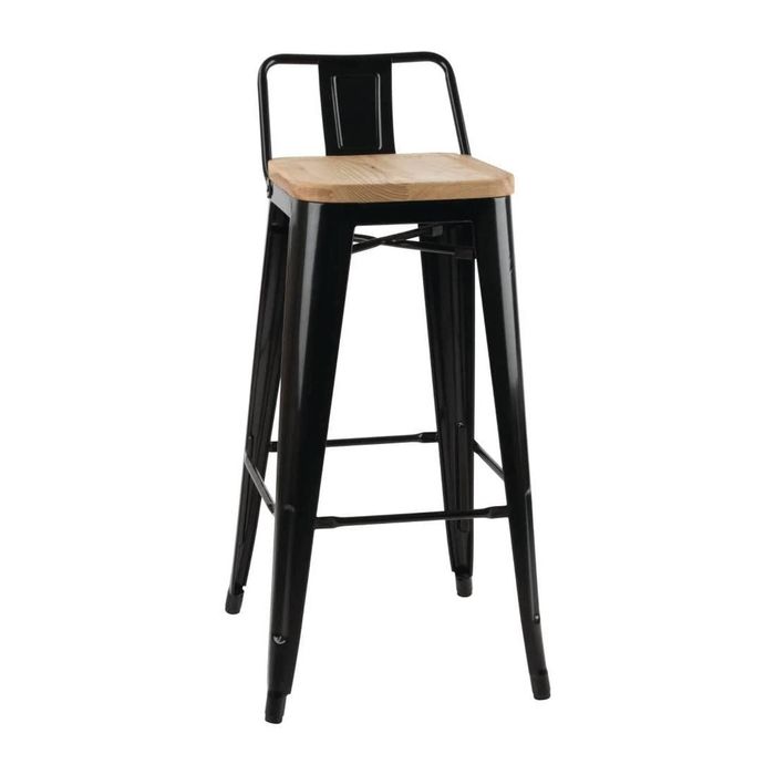 Bolero Bistro Metal High Bar Stool With Wooden Seat Pad And Back Rest Black 4 Pack
