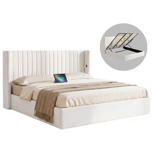 Artiss King Bed Frame with Gaslift Storage Charging Ports White