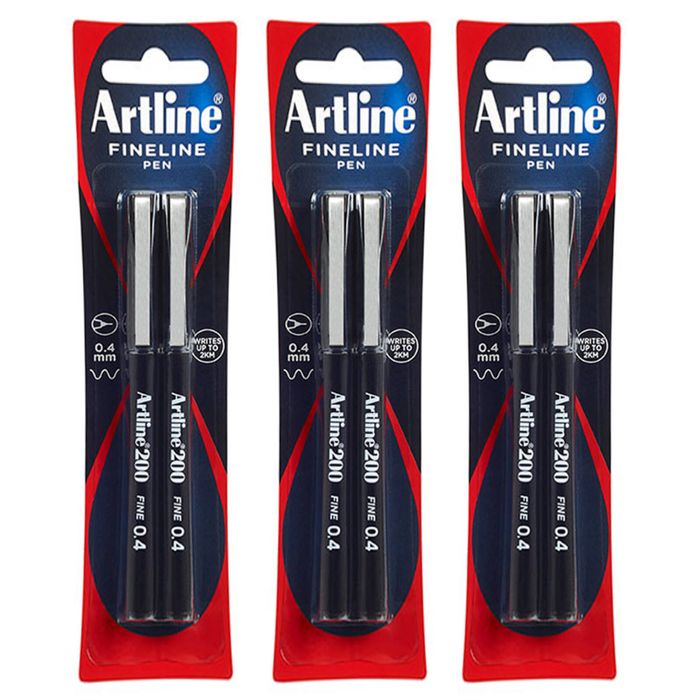 3x 2pc Artline Fineline 200 Fine 0.4mm Line Width School Drawing Writing Pen Blk