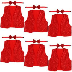 6x Kids Sequin Vest Bow Tie Set Costume 80s Party Dress Up Waistcoat Red