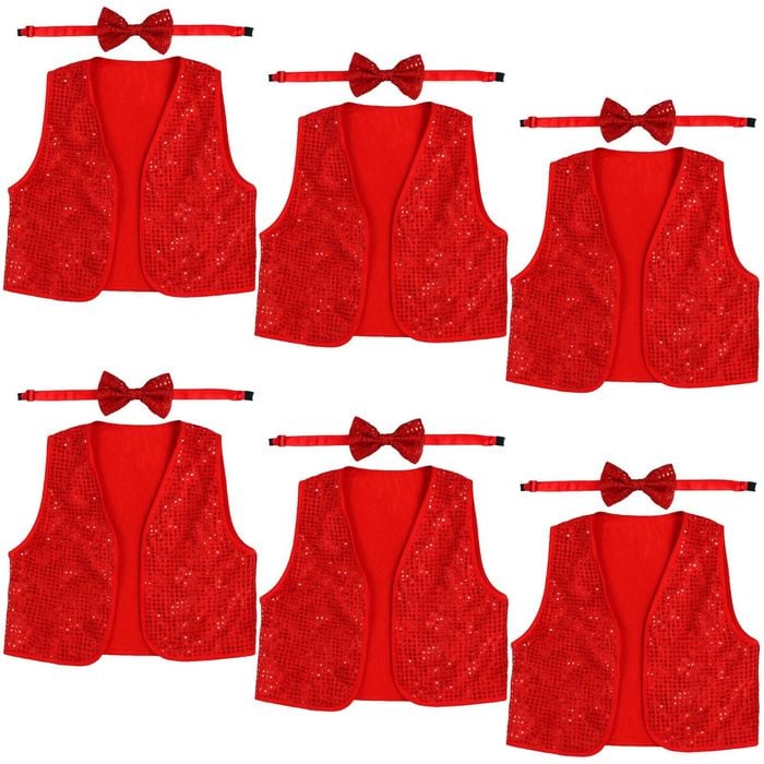 6x Kids Sequin Vest Bow Tie Set Costume 80s Party Dress Up Waistcoat Red