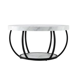 Homfurn 2-tier Round Coffee Table – 80cm Marble Finish, White & Black, Anti-wobble Frame
