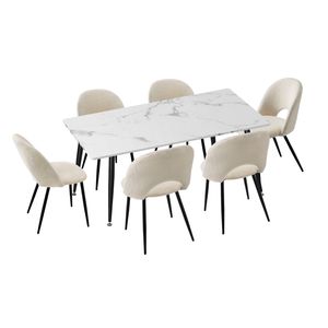 Oikiture 7PCS  Dining Set 120cm Rectangle Dining Table with Dining Chairs Sherpa White