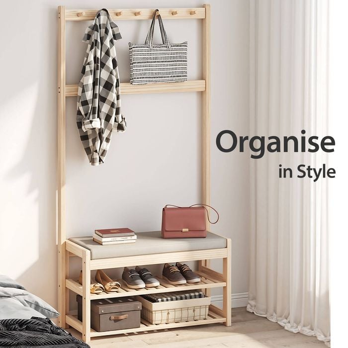 Lauft 3-in-1 Entryway Clothes Rack Stand and Shoe Storage Bench