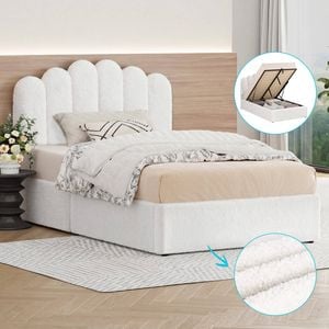 Alfordson Bed Frame King Single Gas Lift Storage Base Wooden Boucle White Mutis