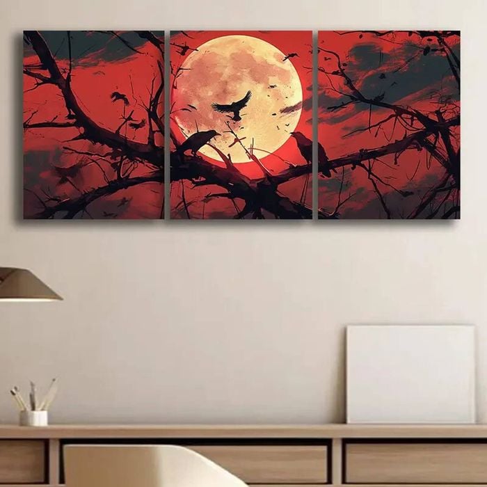 3pcs Crows & Scarlet Moon Black Silhouettes Print 100% Australian Made 3 x 40x60cm (Metal Print)
