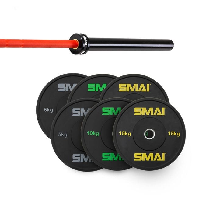 Smai 80kg Hd Bumper Plate Set Inc 20kg Barbell - 20kg Red Barbell