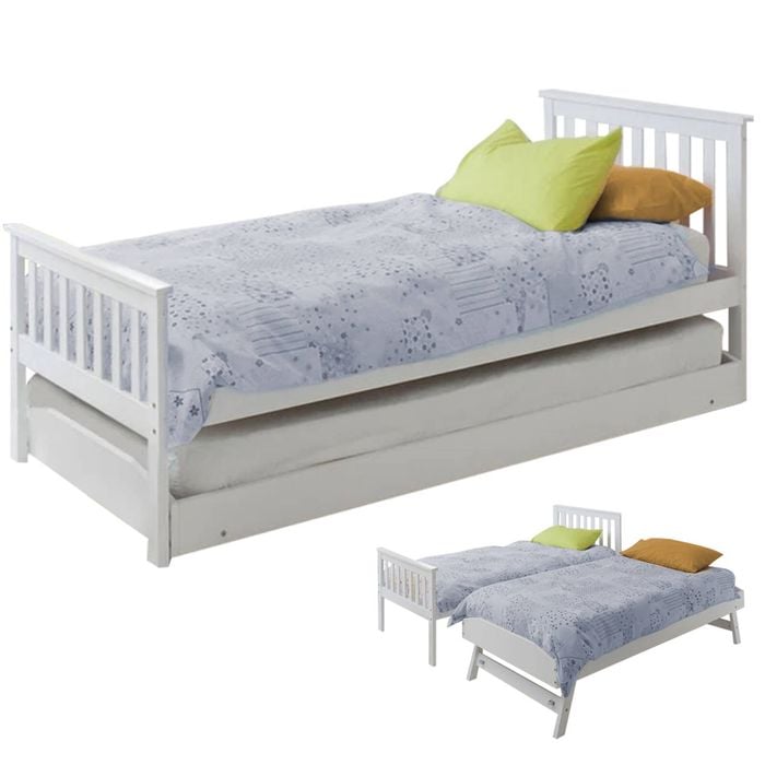 Kingston Slumber Wooden Single Bed Frame w/ Pop Up Trundle, White