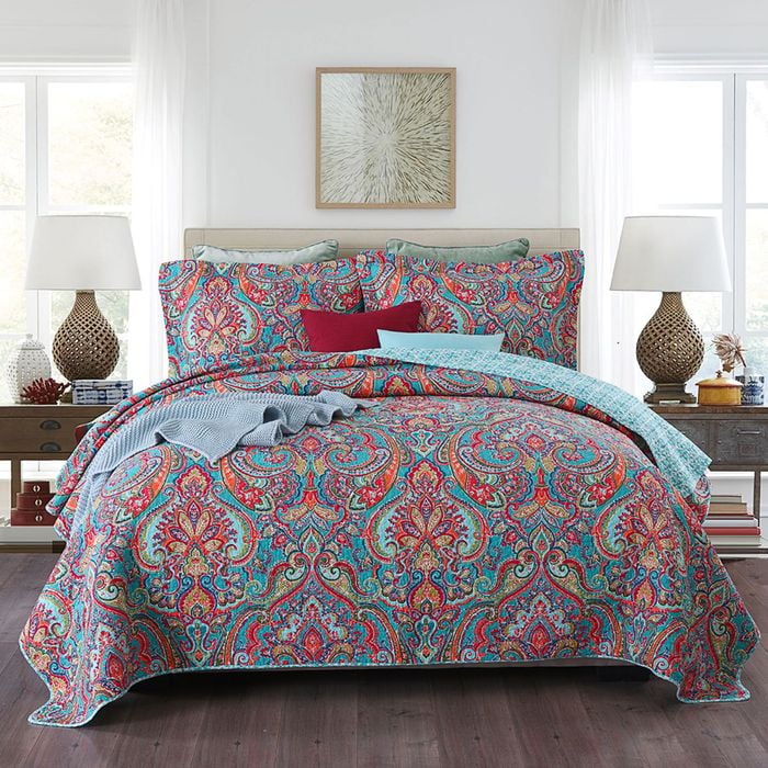 Quilted King/Super King Size Cotton Coverlet Bedspread Set Bright Colours
