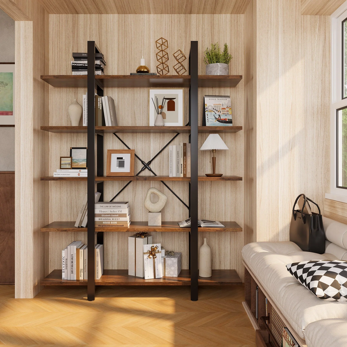 OAKORY 5-Tier Bookshelf with Rustic Brown Shelves and Matte Black Frame