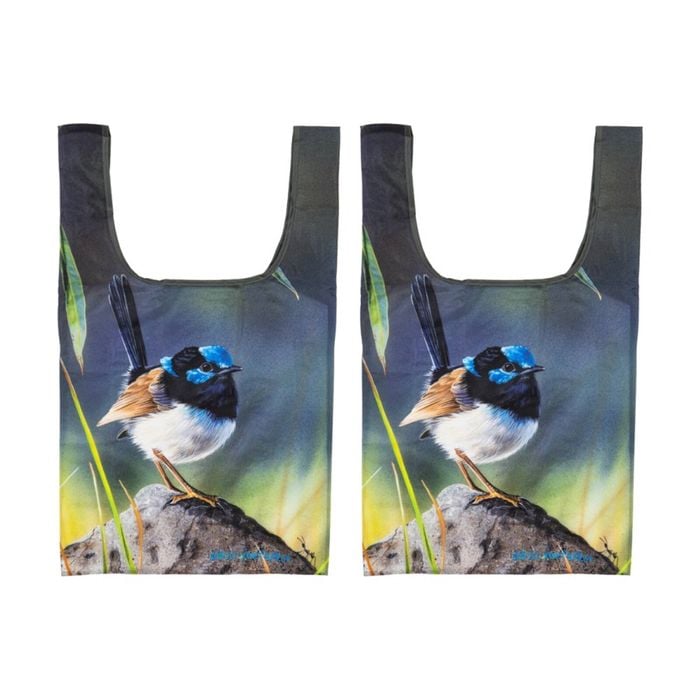 2x Ashdene Aus Small Birds Reusable Shopping Tote Bag Blue Wren Animal Art