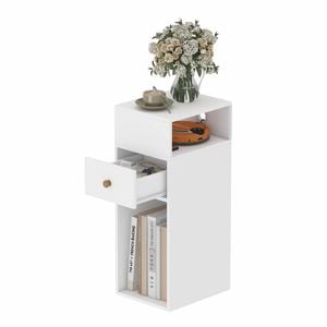 Ufurniture Wooden Side Table with Cable Port Narrow End Table Drawer & Shelf White