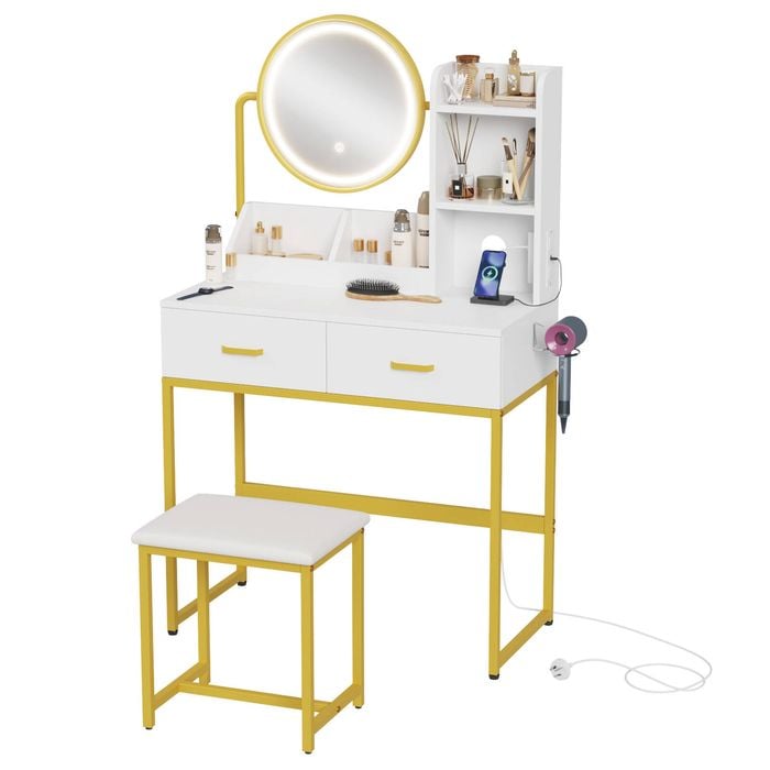 Advwin Dressing Table Set with Power Outlet and LED Light 360°Adjustable Mirror Angle  White&Golden