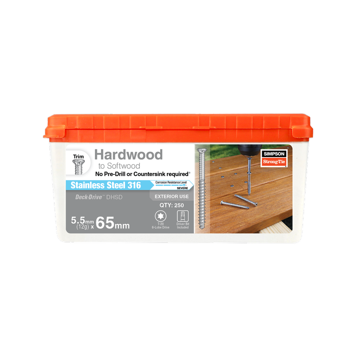 Simpson Strong-Tie 12G (5.5mm) x 65mm 316 Stainless Steel DHSD No-PreDrill Hardwood To Softwood Decking Screws - 250 Pack
