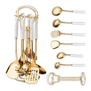 Catzon 7 Pcs Stainless Steel Kitchen Utensils for Cooking with Hanging Shelf-WhiteA
