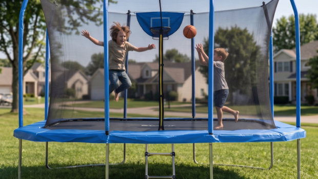 Two boys jumping inside a big blue trampoline and playing basketball.