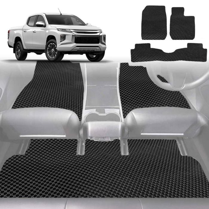 6D Diamond Car Floor Mats for Mitsubishi Triton Club Cab 2015-2023-Full Set-Black-Outback GT