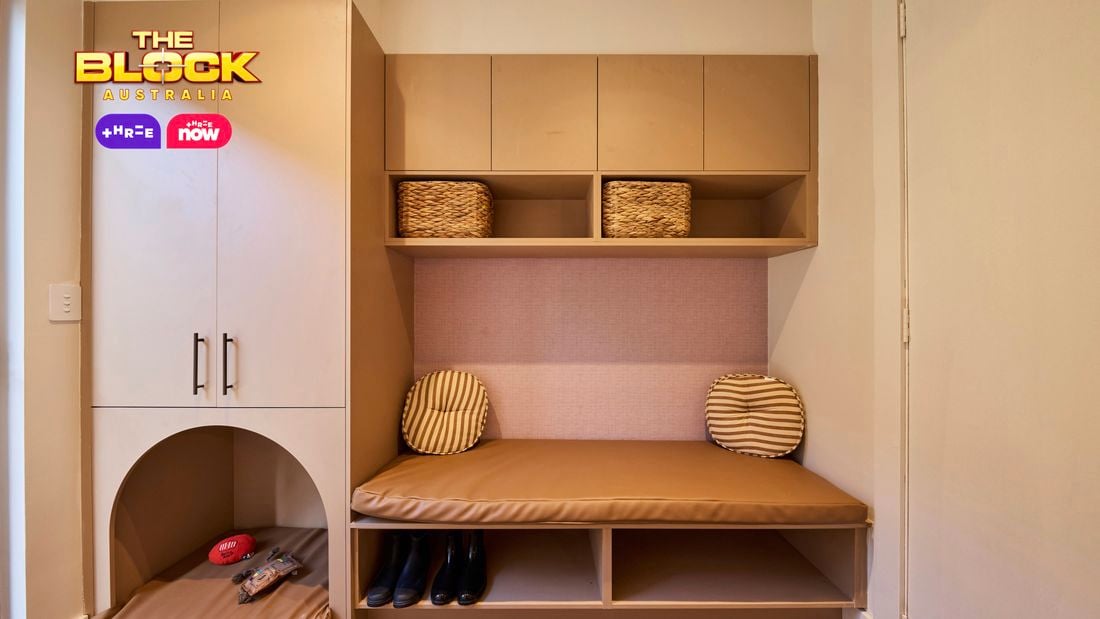Mudroom from The Block with built-in bench, storage cupboards, baskets, shoe space, and pet nook.