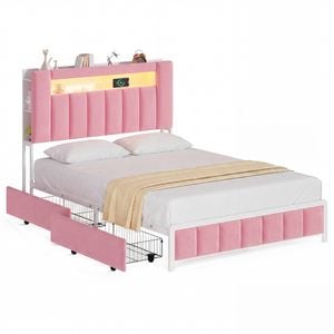Advwin Double Upholstered Velvet LED Bed Frame with Hidden Storage Pink