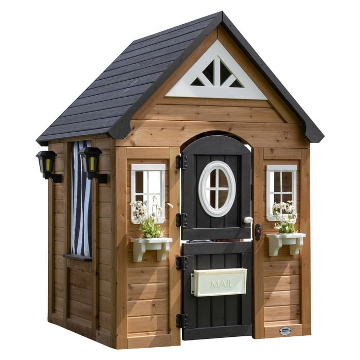 Backyard Discovery Mystic Cedar Wooden Kids Cubby House with Play Kitchen, Dutch Door, and Toy Accessories