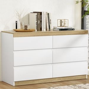 Homfurn 6-drawer Chest Of Drawers – Two-tone White & Oak, High-density Particle Board, 50kg Top Capacity