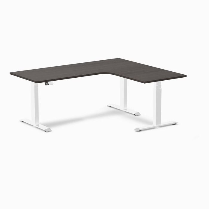 Desky L-shape Sit To Stand Burnished Wood Melamine Desk 1800x1500mm - Right Return Height Adjustable White Leg