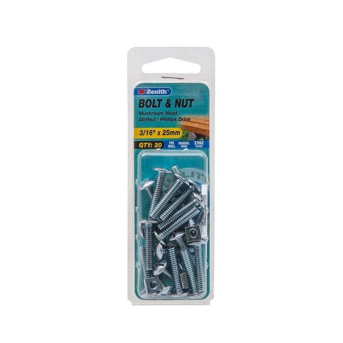 Zenith 3/16" x 25mm Zinc Plated Mushroom Head Bolt And Nut - 20 Pack
