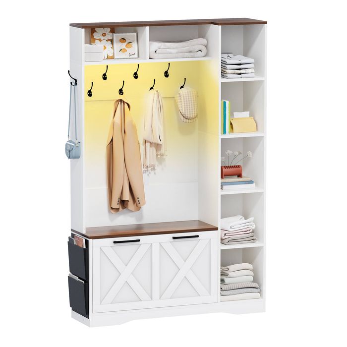 Advwin All-in-One Coat Rack Hall Tree Shoe Cabinet with Flip Drawers White