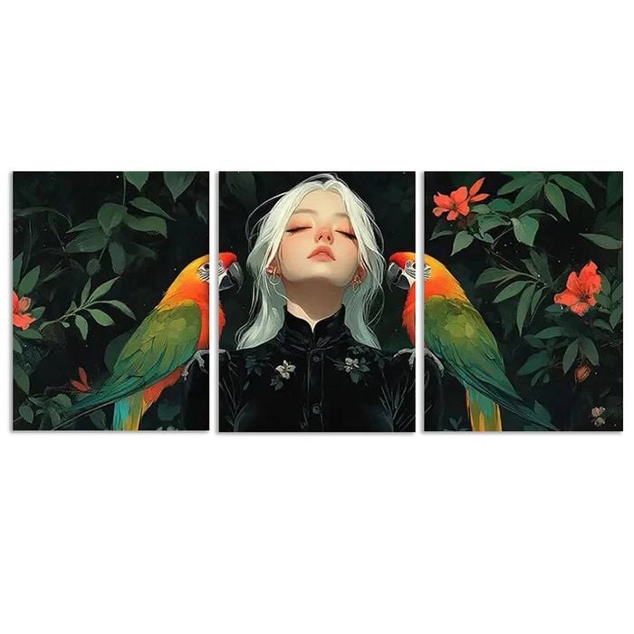 3pcs Colored parrots and girls  Print 100% Australian Made 3 x 40x60cm (Metal Print)