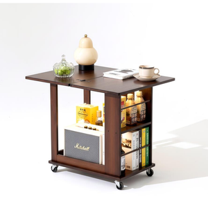 Lauft Foldable Bamboo Wood Side Table W/ Shelves,rolling Coffee End Table
