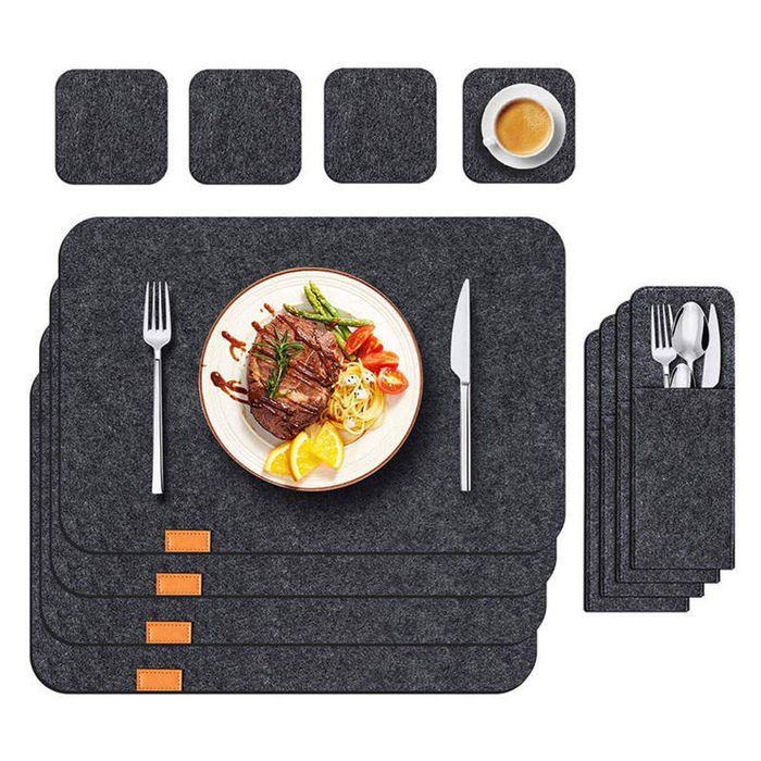 Catzon 4PC Felt Placemats Coasters Cutlery Heat-Resistant Non-Slip Dark Gray