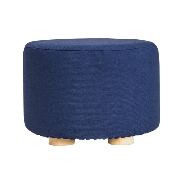 La Bella Dark Blue Fabric Ottoman Round Wooden Leg Foot Stool