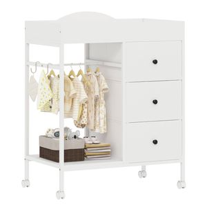 Ufurniture Baby Change Table with Clothes Rail, 3 Drawers, Lockable Casters, White