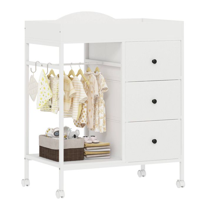 Ufurniture Baby Change Table with Clothes Rail, 3 Drawers, Lockable Casters, White