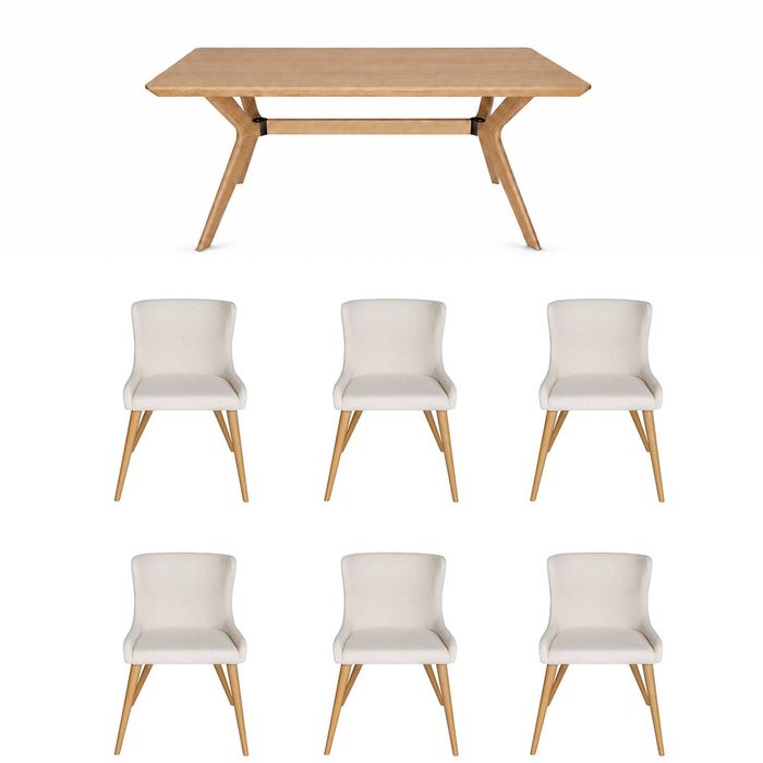 SK Designer Living | 7-Piece Dining Set | Doreen Wood Dining Table 180cm & Osaka Upholstered Chair | Natural - Ivory Fabric