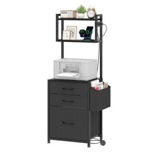 Advwin File Cabinet w/ Charging Station 3 Drawer 2 Shelf & Side Pocket Black