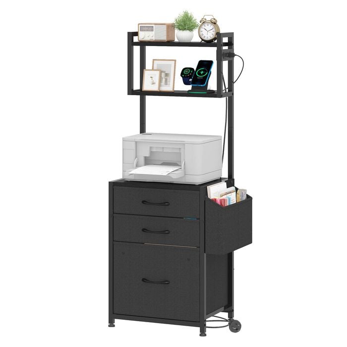 Advwin File Cabinet w/ Charging Station 3 Drawer 2 Shelf & Side Pocket Black