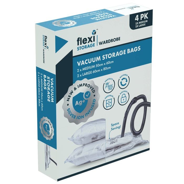 Flexi Storage Wardrobe 600 x 10 x 800mm Medium & Large Silver-Infused Vacuum Storage Bags - 4 Pack