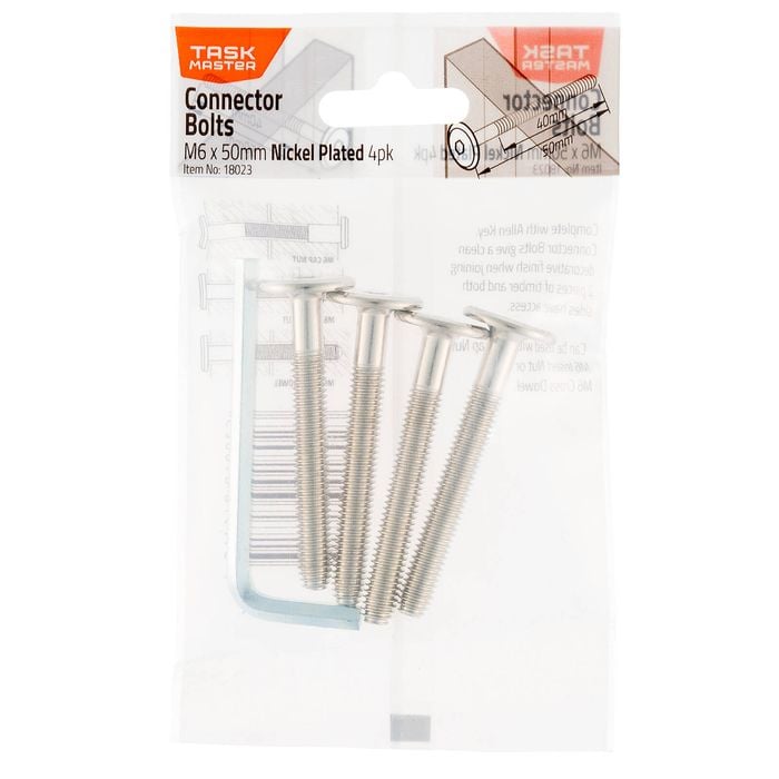 Taskmaster M6 x 50mm Nickel Plated Connector Bolts - 4 Pack