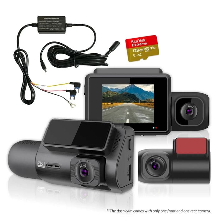 Elinz 3 CH Dash Cam 4K+1080P+2K WiFi Supercapacitor 128GB U3 Card Hardwire Kit