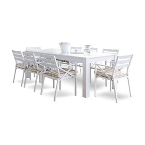 Santorini 2.5m Outdoor Aluminium Dining Table White With 8 Kansas Chairs & Heather Beige Cushions
